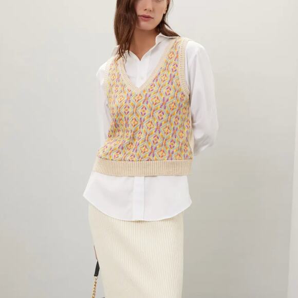 Aldo Martins Cream Embroidered Sweater Vest SMALL Twee Preppy Wool $204 Flaw - Picture 1 of 10